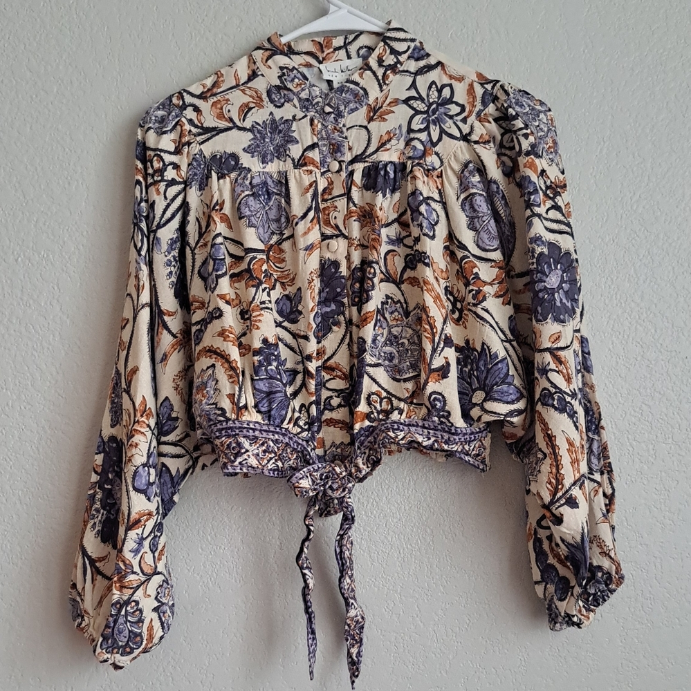 Nicole Miller Linen Blend Boho Floral Print Cropped Tie Waist Longsleeve Top XS